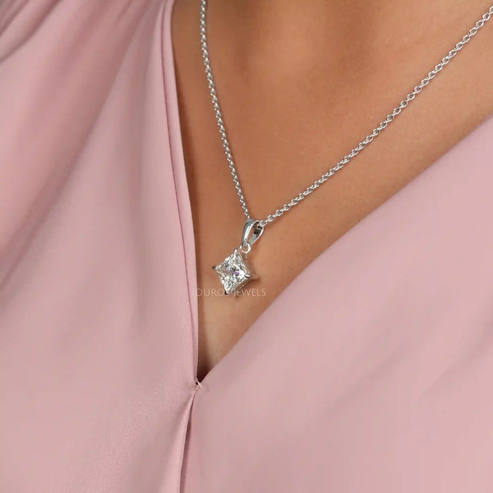 1 Carat Princess Cut Diamond Necklace 14K White Gold
